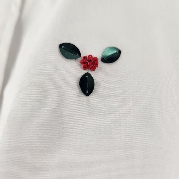 Talbots Embellished Holly Berry Button Front Shirt Womens Large White Beaded Top - Picture 7 of 12